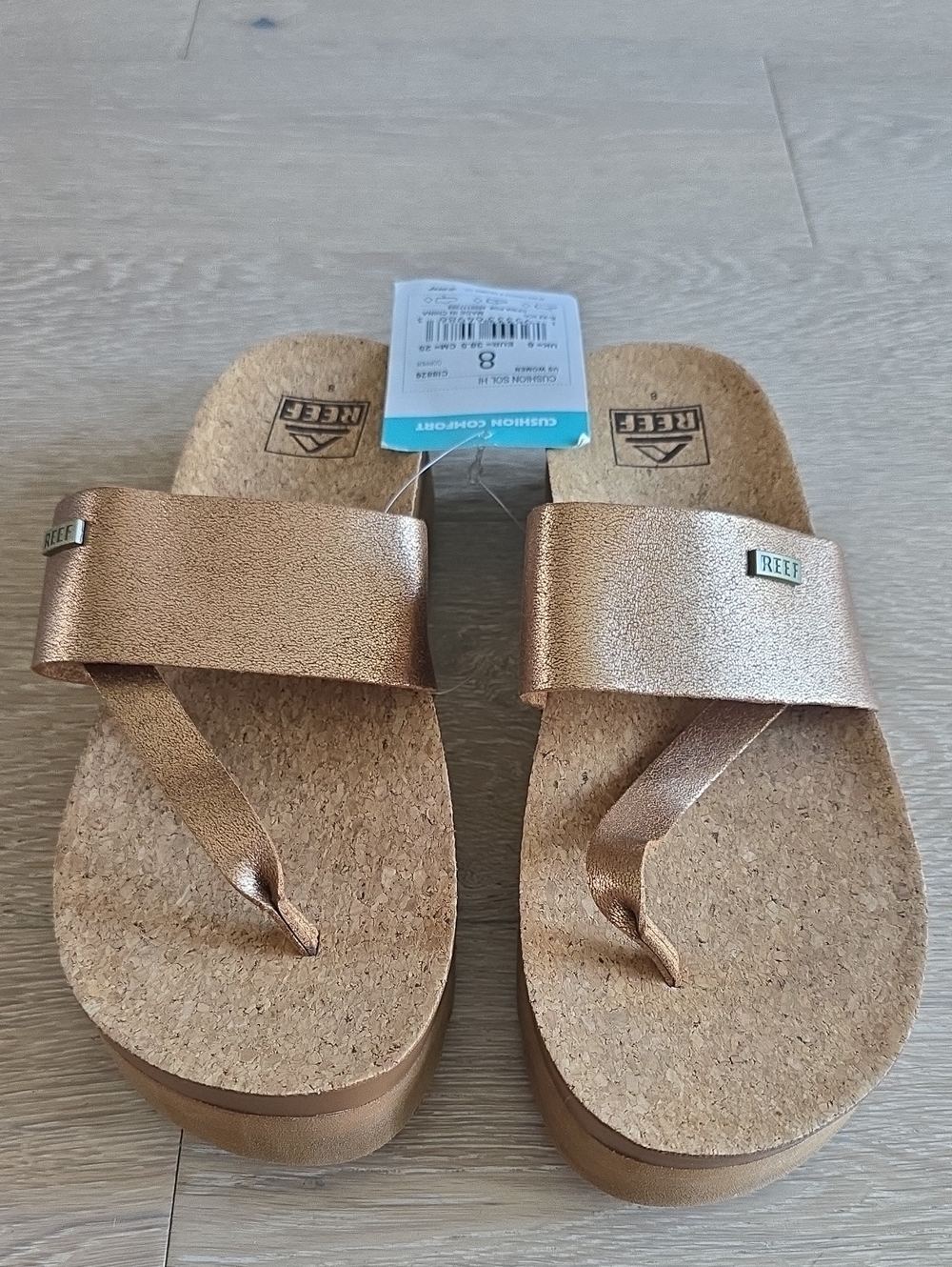 NWT Reef Sol Hi Platform Bronze Metallic Cork Wedge Thong Sandals
